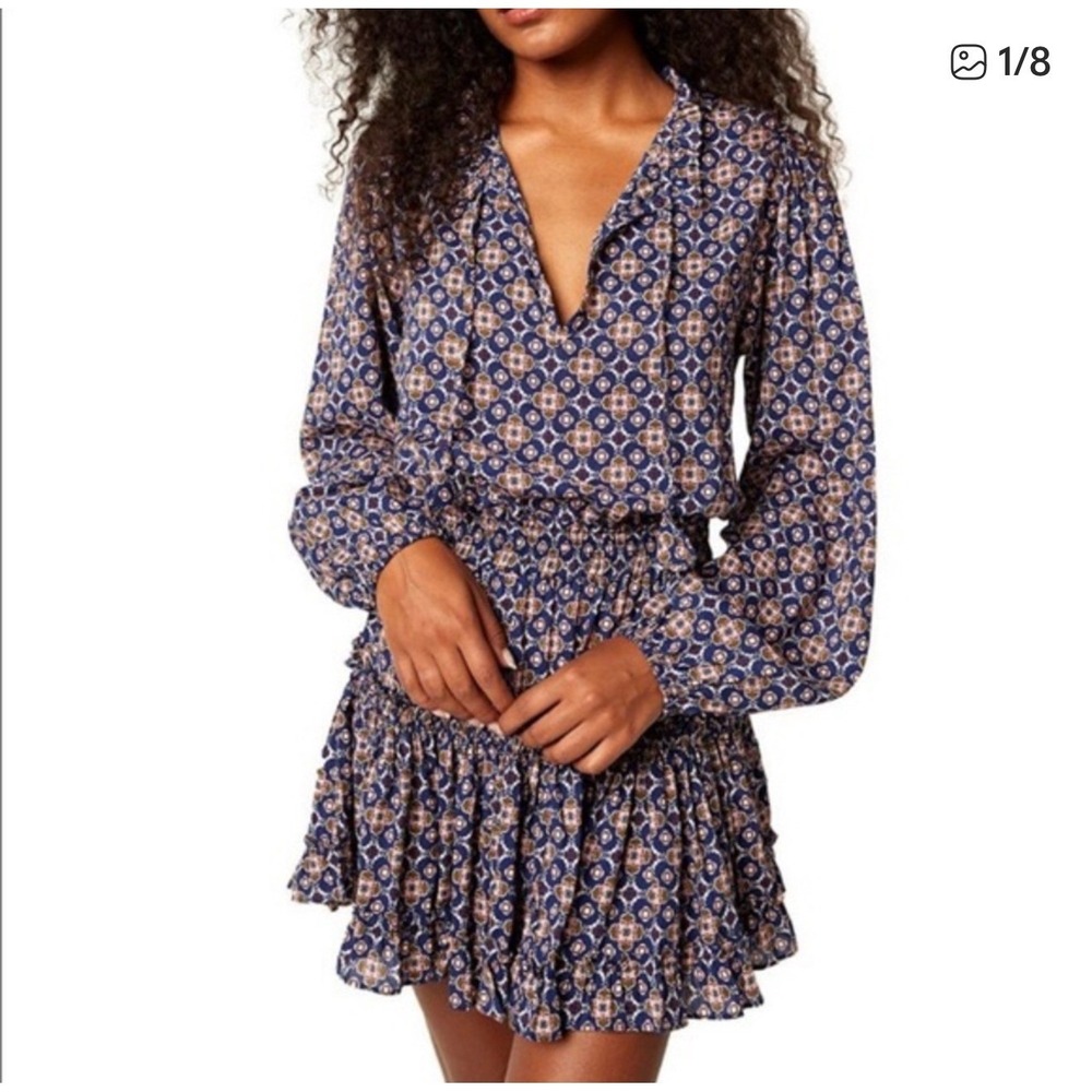 MISA Los Angeles Revolove XS Boho Print Mini Dress Blue Long Sleeve‎ Fall Style